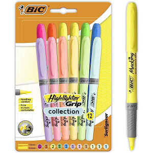 BIC Brite Liner Grip Pastel Highlighters, Assorted Pastel Colors, Rubber Grip, 6 Count