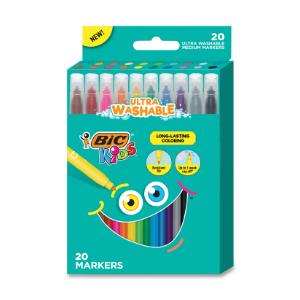 BIC Kids Ultra Washable Markers, Medium Bullet Tip, Assorted Colors, 20/Pack (BKCM20AST)